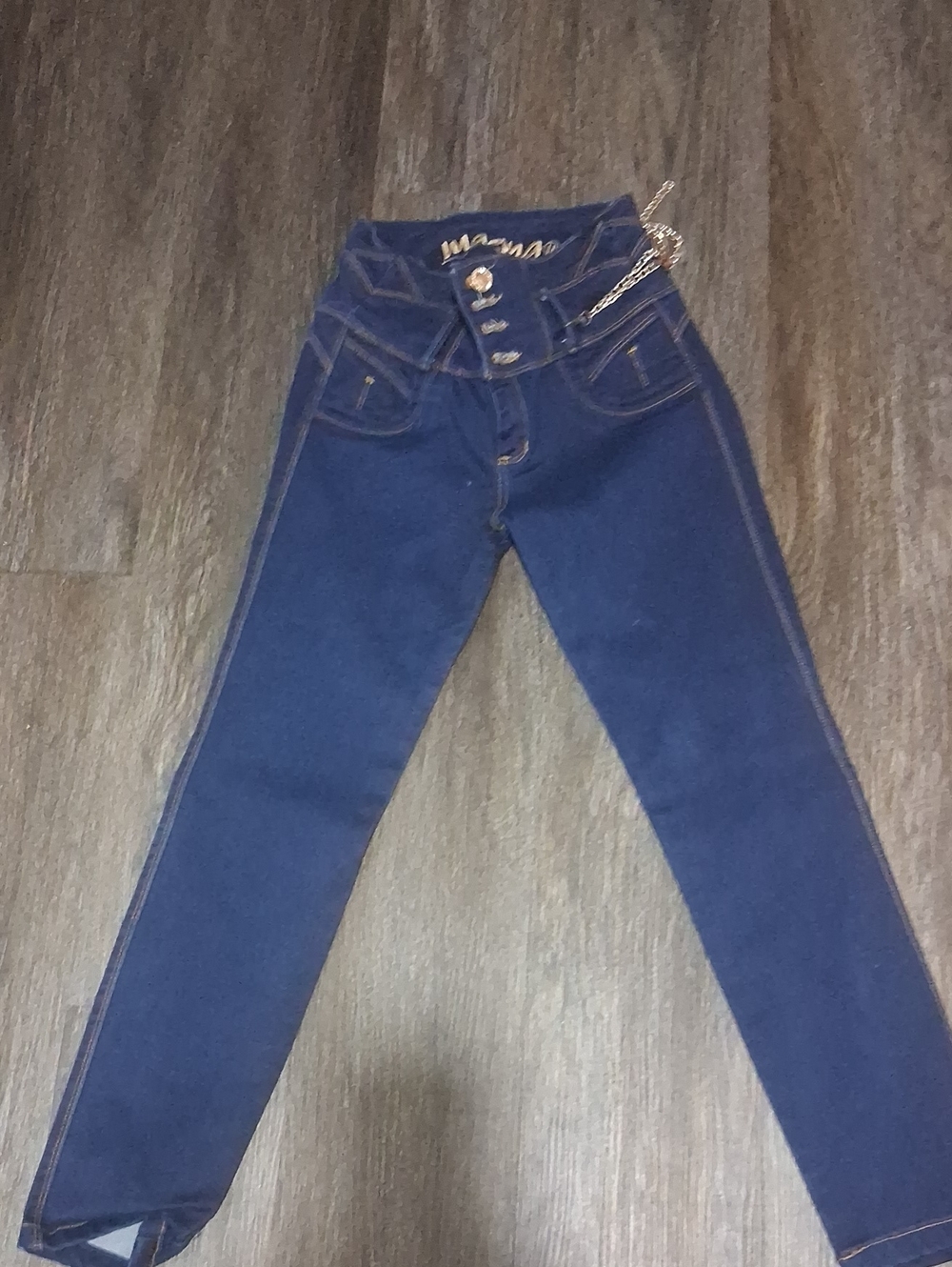 High-Waist Dark Blue Women’s Jeans with Accent Chain